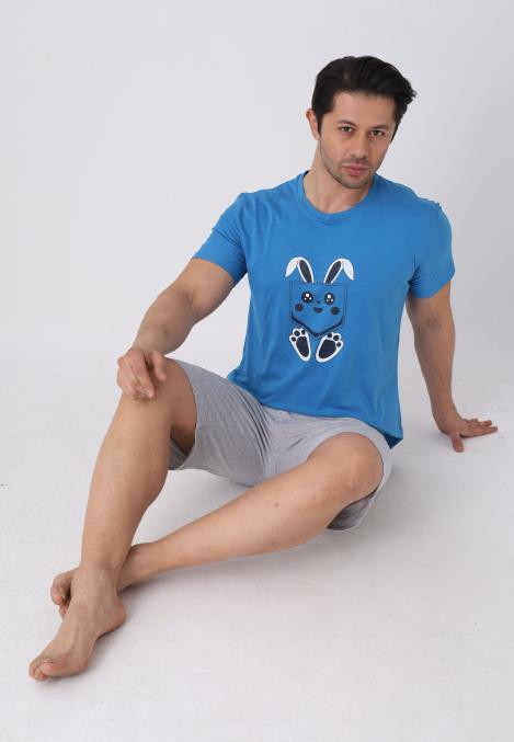 Pijama barbat cu maneca scurta si pantaloni 3/4, culoare albastru , Engros